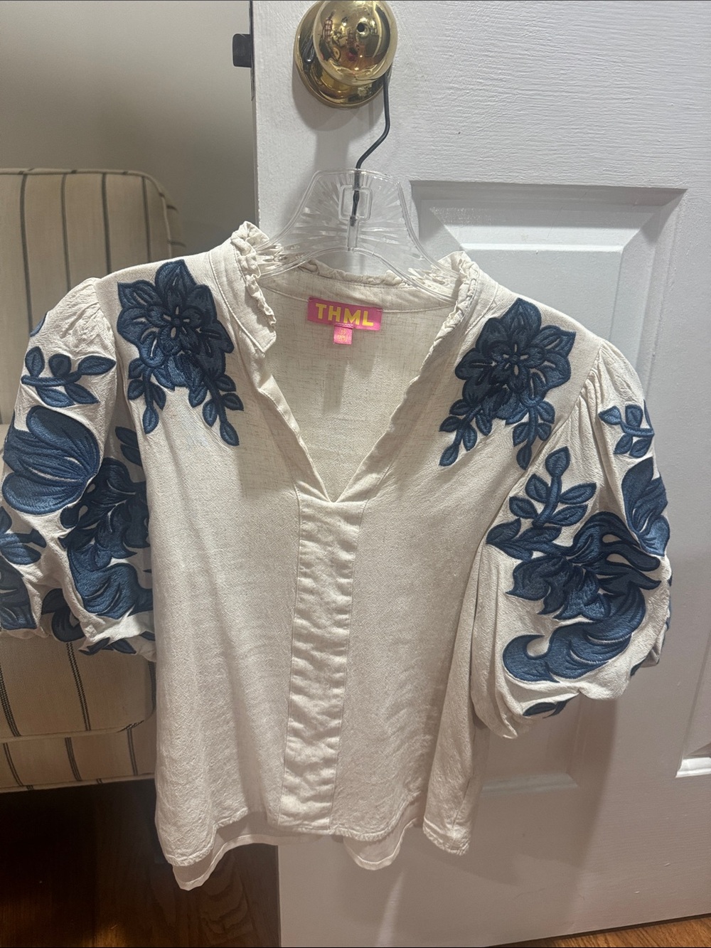THML Cream Blouse with Navy Floral Embroidery in XS